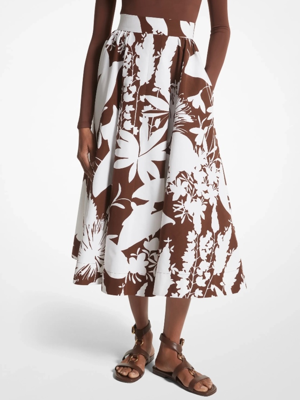 MICHAEL KORS COLLECTION Shadow Floral Cotton Silk Faille Skirt Nutmeg / White 8